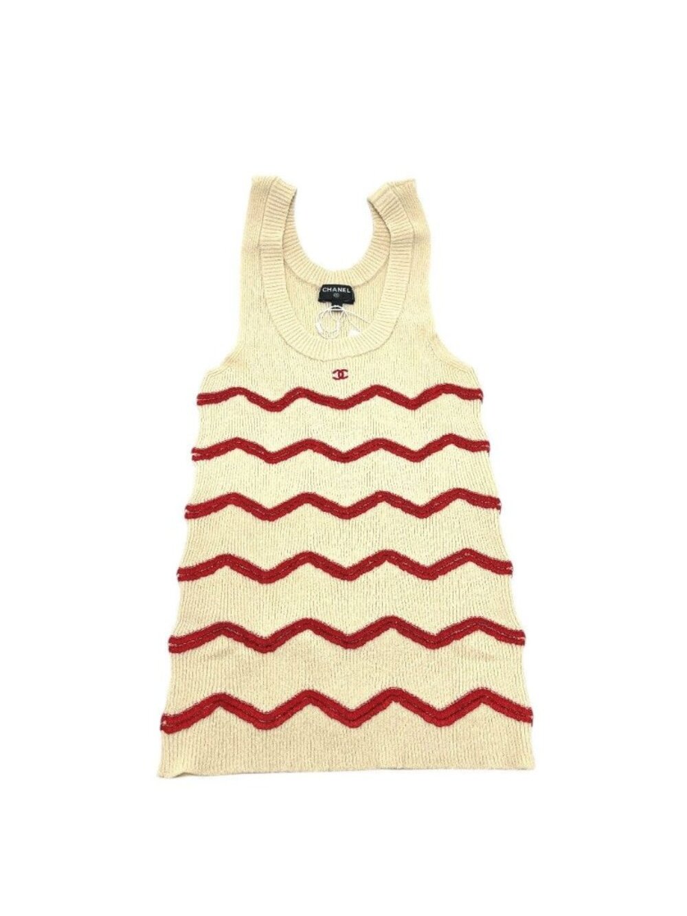 Chanel Tank Top CC Logo Zigzag Border Silk White